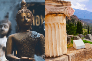 Buddha statutes on the left side and an ancient column with ruins on the right. This photo is used on www.becomingstoic.net in a post called "Buddhism and Stoicism"