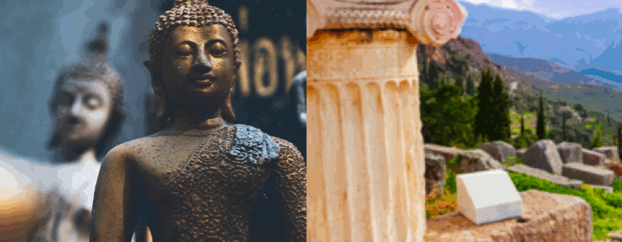 Buddha statutes on the left side and an ancient column with ruins on the right. This photo is used on www.becomingstoic.net in a post called "Buddhism and Stoicism"